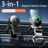 3 in 1 15W Qi Magnetic Wireless Car Charger Phone Holder Mount for Mobile Phone Earbuds Apple Watch