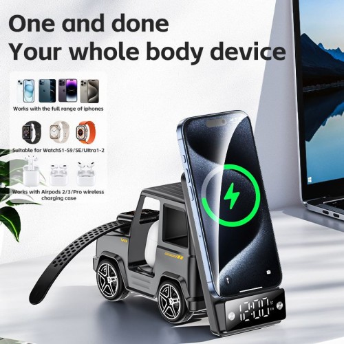 6 in 1 Car Design 15W Qi2 Wireless Charger Station with Bluetooth Speaker