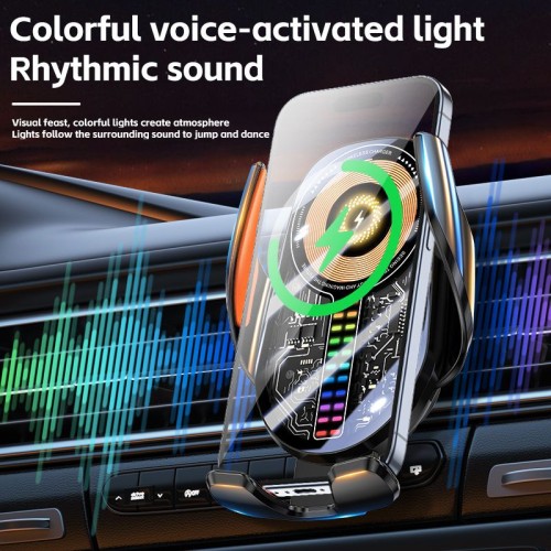 15W Transparent Qi Wireless Car Charger Phone Holder with RGB Voice Activated Pickup Rhythm Light