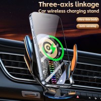 15W Transparent Qi Wireless Car Charger Phone Holder with RGB Voice Activated Pickup Rhythm Light