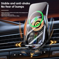 15W Transparent Qi Wireless Car Charger Phone Holder with RGB Voice Activated Pickup Rhythm Light