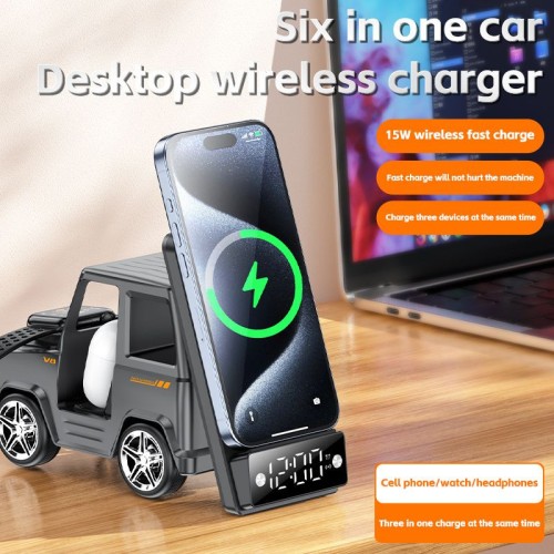 6 in 1 Car Design 15W Qi2 Wireless Charger Station with Bluetooth Speaker