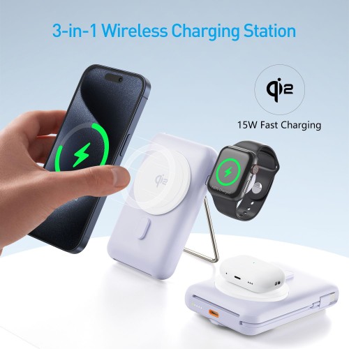 Qi2 15W 10000mAh Wireless Charging Power Bank 3 in 1 Magnetic Foldable 20W PD Battery Pack for iPhone Apple Watch