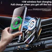 15W Transparent Qi Wireless Car Charger Phone Holder with RGB Voice Activated Pickup Rhythm Light