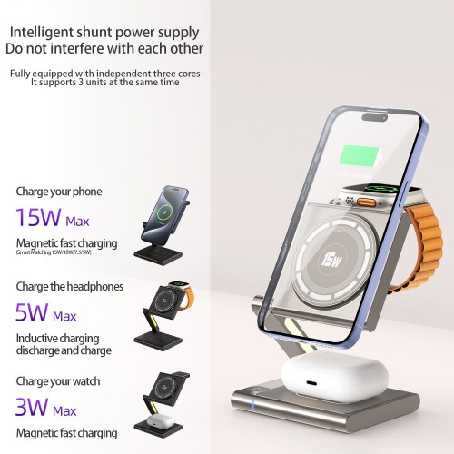 Qi2 15W Fast Charging Magnetic Wireless Charger Station for iPhone 16 15 14 AirPods 4 Apple Watch 10