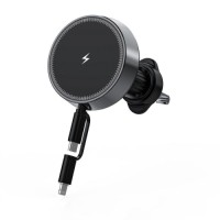 15W Wireless Car Charger with Auto-Retract Charging Cable for Charging of Two Mobile Phones