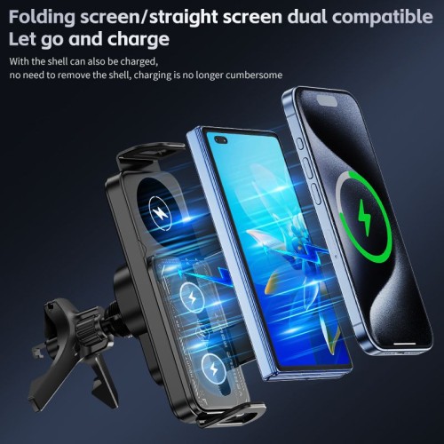 2 Coils 15W Big Screen Phone Car Phone Charging Holder for Samsung Z Fold 5 4 Xiaomi Huawei Oppo iPhone