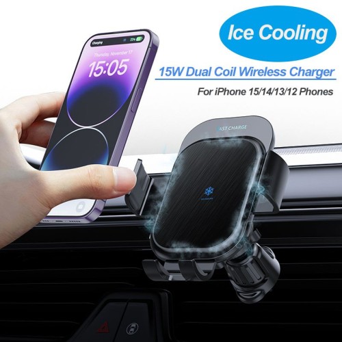 15W 2 Coils Semiconductor Refrigeration Wireless Car Charger Mount Holder for iPhone Samsung