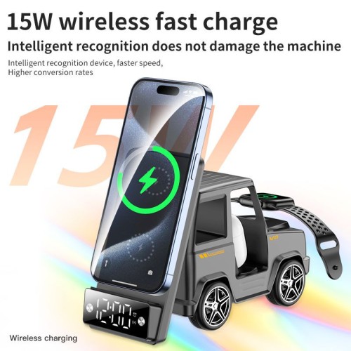 6 in 1 Car Design 15W Qi2 Wireless Charger Station with Bluetooth Speaker